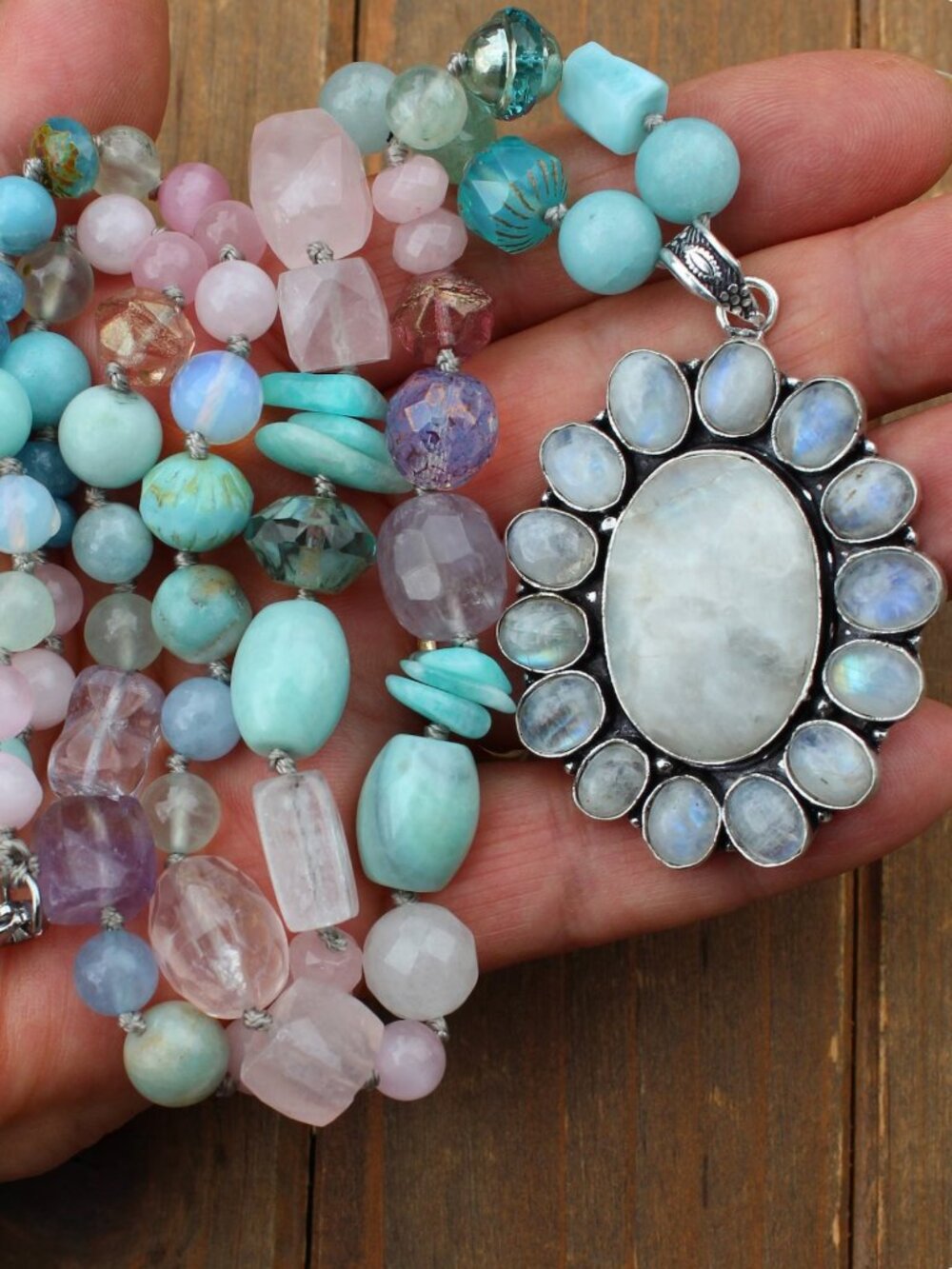 Chunky Pastel Gemstone Necklace with Rainbow Moonstone Pendant, Handcrafted